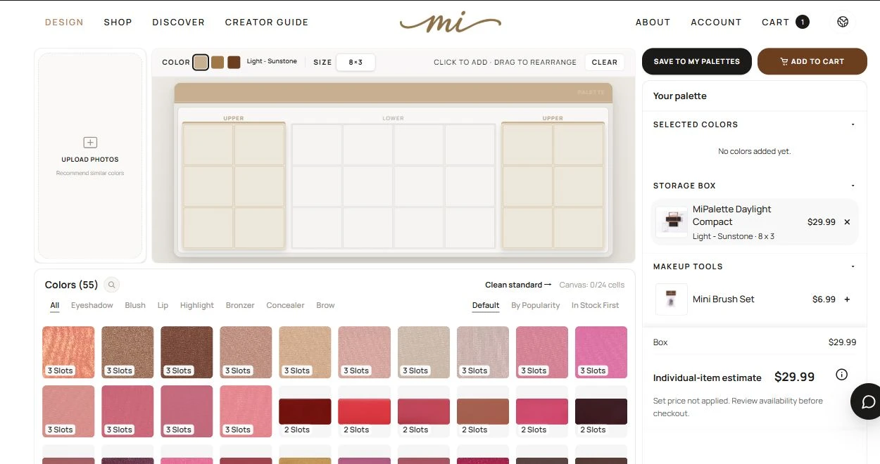 MiPalette Design 实际页面,包含彩盘编辑器、色块库及价格明细