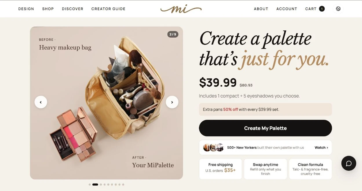 MiPalette 官网实际界面:定制彩盘产品展示与购买入口